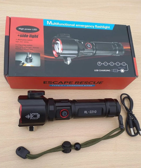 5-in-1 Rechargeable Emergency LED Torch                                    Bright flashlight + side light + seat-belt cutter + emergency glass breaker