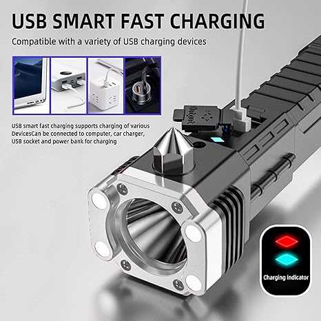 5-in-1 Rechargeable Emergency LED Torch                                    Bright flashlight + side light + seat-belt cutter + emergency glass breaker