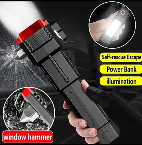 5-in-1 Rechargeable Emergency LED Torch                                    Bright flashlight + side light + seat-belt cutter + emergency glass breaker