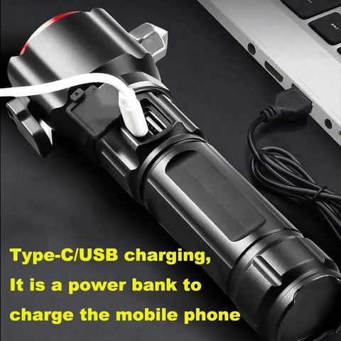 5-in-1 Rechargeable Emergency LED Torch                                    Bright flashlight + side light + seat-belt cutter + emergency glass breaker